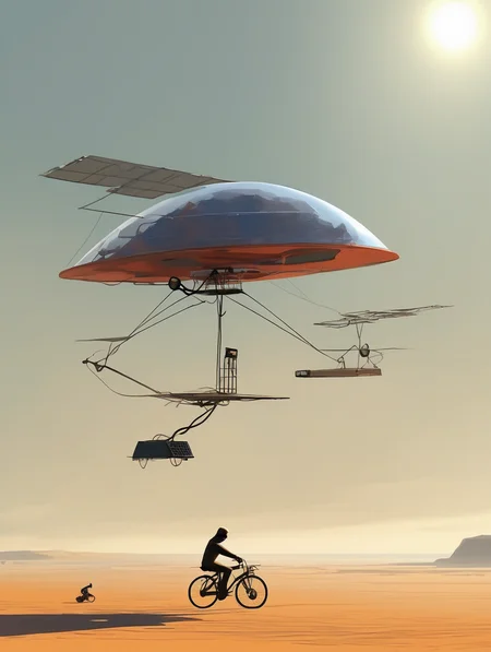 <lora:Alex Andreev style:1>Alex Andreev style - A solar-powered flying bicycle,simple and surreal dixit illustration