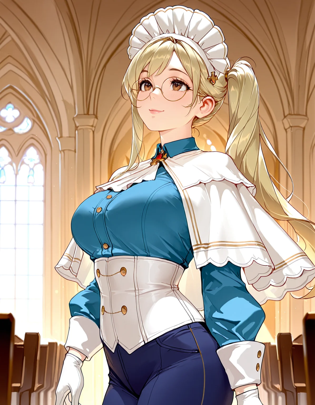 perfect quality, best quality, masterpiece, 1girl, solo, mature female, church, from side, looking up, smile,
palomakaches, blonde hair, brown eyes, round eyewear, side ponytail, white headdress, white capelet, blue shirt, white corset, blue pants, white gloves,
<lora:palomakaches 1.0:1>
artist:rrr \(reason\)