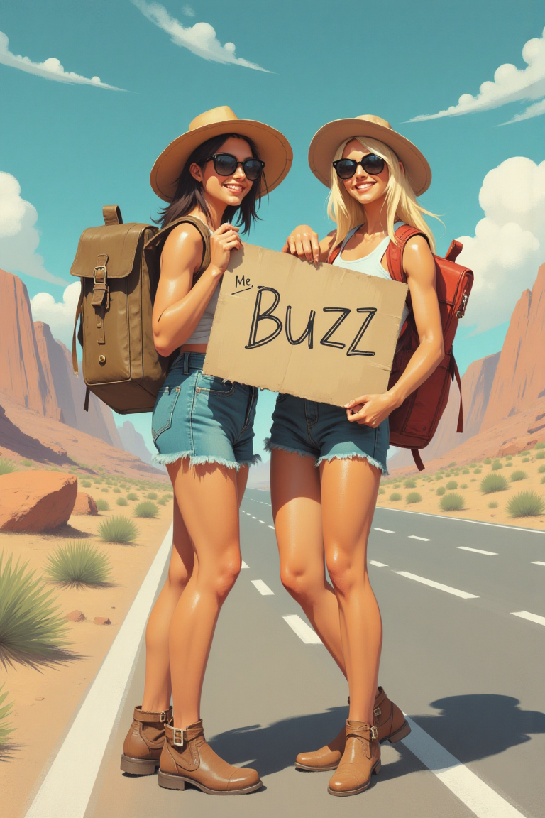 a vibrant vintage photo, depicting 2 cute hitchhikers women, travelers with hat, sunglasses and bagpack, they are smiling, facing viewer and holding a sign, The word "BUZZ" written on a cardboard, sunny weather, blue sky, alongside a desert highway,vintage speedpaint
