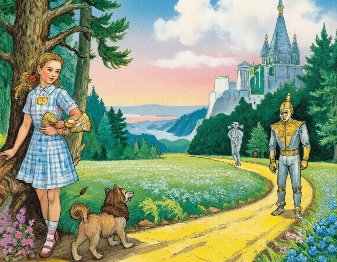 Colored Pencil Art, <lora:vladimirsky:1>, This is a whimsical and enchanting illustration in the style of a brightly colored pencil drawing, inspired by the magical world of The Wizard of the Emerald City by Alexander Volkov. The scene depicts a breathtaking moment from the book, filled with wonder, adventure, and the charm of Oz-like landscapes., 
At the heart of the composition stands Elena (or Ellie), the young heroine, dressed in her iconic blue-and-white checked dress, which is rendered with soft pastel tones and intricate textures to highlight its simplicity yet charm. She holds Totoshka, her loyal dog, close to her chest as they stand at the edge of a winding yellow brick road that stretches into the distance, disappearing into an emerald-green forest. Her expression is one of curiosity and determination, reflecting her brave journey ahead., 
Surrounding Elena are her companions:, 
Strasheelo (Scarecrow) leans casually against a tree trunk, his body made entirely of straw, with stitches and patches clearly visible on his fabric clothing. His face, drawn with delicate shading, shows intelligence and warmth despite being devoid of a brain., 
Zhelezoed (Tin Woodman) stands proudly nearby, his metallic body gleaming with reflections of gold, silver, and copper created through layered colored pencils. His heart-shaped emblem on his chest shines brightly, symbolizing his quest for love and compassion., 
Lev (Cowardly Lion) crouches protectively beside Elena, his golden mane flowing dramatically in the breeze. His features combine strength and vulnerability, capturing his inner struggle for courage., 
In the background, the landscape unfolds in layers of vibrant colors:, 
A vast meadow filled with wildflowers in every hueâblues, purples, yellows, and pinksâstretches toward the horizon., 
In the distance, the spires of the Emerald City rise majestically, their green glow enhanced by subtle highlights and shading techniques., 
Above, the sky transitions from soft morning pink near the horizon to deep azure overhead, dotted with fluffy white clouds., 
Every element in the frame contributes to the mood:, 
Color Palette : Rich, harmonious colors achieved through layered colored pencils bring life to the characters and scenery. Soft pastels for Elena's dress contrast beautifully with the bold greens of the forest and the metallic sheen of Zhelezoed's body., 
Texture & Technique : The use of colored pencil textures emphasizes the unique qualities of each characterâthe roughness of Strasheeloâs straw stuffing, the smooth shine of Zhelezoedâs metal surface, and the soft fur of Levâall rendered with meticulous attention to detail., 
Emotional Depth : The scene radiates hope, friendship, and adventure. Each characterâs expression and posture convey their individual journeys while uniting them in a shared goal., 
The overall tone of the image is joyful, dreamlike, and inspiring, celebrating themes of friendship, self-discovery, and the power of belief. It invites viewers to step into the magical world of the Emerald City and join Elena and her friends on their incredible journey., 
Additional keywords: whimsical art, fairy tale illustration, colorful pencil drawing, fantasy landscape, Volkov inspiration, Wizard of Oz adaptation, vibrant textures, cartoonish realism, magical realism, enchanted atmosphere., colored pencil strokes, light color, visible paper texture, colored pencil art