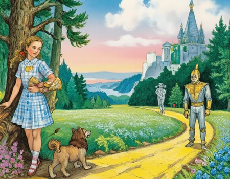 Colored Pencil Art, <lora:vladimirsky:1>, This is a whimsical and enchanting illustration in the style of a brightly colored pencil drawing, inspired by the magical world of The Wizard of the Emerald City by Alexander Volkov. The scene depicts a breathtaking moment from the book, filled with wonder, adventure, and the charm of Oz-like landscapes.,
At the heart of the composition stands Elena (or Ellie), the young heroine, dressed in her iconic blue-and-white checked dress, which is rendered with soft pastel tones and intricate textures to highlight its simplicity yet charm. She holds Totoshka, her loyal dog, close to her chest as they stand at the edge of a winding yellow brick road that stretches into the distance, disappearing into an emerald-green forest. Her expression is one of curiosity and determination, reflecting her brave journey ahead.,
Surrounding Elena are her companions:,
Strasheelo (Scarecrow) leans casually against a tree trunk, his body made entirely of straw, with stitches and patches clearly visible on his fabric clothing. His face, drawn with delicate shading, shows intelligence and warmth despite being devoid of a brain.,
Zhelezoed (Tin Woodman) stands proudly nearby, his metallic body gleaming with reflections of gold, silver, and copper created through layered colored pencils. His heart-shaped emblem on his chest shines brightly, symbolizing his quest for love and compassion.,
Lev (Cowardly Lion) crouches protectively beside Elena, his golden mane flowing dramatically in the breeze. His features combine strength and vulnerability, capturing his inner struggle for courage.,
In the background, the landscape unfolds in layers of vibrant colors:,
A vast meadow filled with wildflowers in every hueâblues, purples, yellows, and pinksâstretches toward the horizon.,
In the distance, the spires of the Emerald City rise majestically, their green glow enhanced by subtle highlights and shading techniques.,
Above, the sky transitions from soft morning pink near the horizon to deep azure overhead, dotted with fluffy white clouds.,
Every element in the frame contributes to the mood:,
Color Palette : Rich, harmonious colors achieved through layered colored pencils bring life to the characters and scenery. Soft pastels for Elena's dress contrast beautifully with the bold greens of the forest and the metallic sheen of Zhelezoed's body.,
Texture & Technique : The use of colored pencil textures emphasizes the unique qualities of each characterâthe roughness of Strasheeloâs straw stuffing, the smooth shine of Zhelezoedâs metal surface, and the soft fur of Levâall rendered with meticulous attention to detail.,
Emotional Depth : The scene radiates hope, friendship, and adventure. Each characterâs expression and posture convey their individual journeys while uniting them in a shared goal.,
The overall tone of the image is joyful, dreamlike, and inspiring, celebrating themes of friendship, self-discovery, and the power of belief. It invites viewers to step into the magical world of the Emerald City and join Elena and her friends on their incredible journey.,
Additional keywords: whimsical art, fairy tale illustration, colorful pencil drawing, fantasy landscape, Volkov inspiration, Wizard of Oz adaptation, vibrant textures, cartoonish realism, magical realism, enchanted atmosphere., colored pencil strokes, light color, visible paper texture, colored pencil art