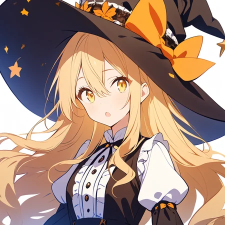 1girl,
solo, white shirt, upper body, eyelashes, frilled hat, :o, puffy sleeves, frills, black hat, very long hair, wavy hair, witch hat, dress, sidelocks, juliet sleeves, hat, looking at viewer, black dress, long hair, open mouth, long sleeves, simple background, blonde hair, yellow eyes, white background, hair between eyes, shirt,
masterpiece, best quality, safe
<lora:mki-ani31-TMND-v2-000050:1>