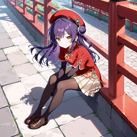 (masterpiece),(best quality),(ultra-detailed),(best illustration),(best shadow),(absurdres),(detailed background),(very aesthetic), 1girl, solo,<lora: ReinV2>, purple hair, yellow eyes, long hair, hair buns, red hat beret, red chinese clothes, beige skirt, pleated skirt, midi skirt, pantyhose, loafers, black silk gloves, cobblestone, sitting, looking at viewer, smile, chinese background, red bridge, wind, from side