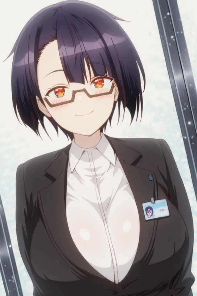 PonyScores, Expressiveh, (score_9, score_8_up, score_8, ASCII score_9), Rating 9, Rating 8, Rating 7, (Nias Carlin), source_anime, rating_safe, masterpiece, best quality, good quality, newest, outdoors background, glitter, smile, (1girl), (solo), anime coloring, cowboy shot, ((standing)), ((looking at the viewer)), close-up, (big breasts), large breasts, (upper body), (natural beauty), seductive smile, detailed backgrounds, extremely detailed CG, extremely detailed face, detailed Lora, focused subject, (ultra detail eyes), (beautiful sexy female), seductive smile, (iper detailde eyes), (ultra detail eyes), (beautiful eyes), detailed backgrounds, (detailed eyes), (perfect eyes), (Detailed pupils, intricate pupil details, defined pupils, Intricate iris details, defined iris), (large expressive eyes), (big expressive eyes), blush, ExpressiveH, <lora:Im_the_Evil_Lord_of_an_Intergalactic_Empire_-_Nias_Carlin:1>, orange eyes, purple hair, short hair, asymmetrical bangs, semi-rimless eyewear BREAK black jacket, white shirt, black pencil skirt, outdoors, indoors, light particles, cowboy shot, smile, looking at viewer, dutch angle, <lora:NiasCarlinillusApexAi:1>, nude, naked, cosplay,