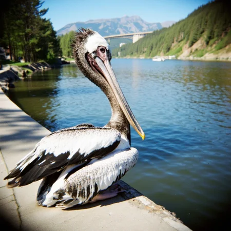 Shot with a Holga camera, a pelican sitting by the river