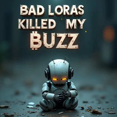 in center top of image text "BAD LoRAS killed my BUZZ" written with huge technological advanced letters, in center bottom image of one baby robot crying heartbroken with broken buzz on their hands.  futuristic ambientance in decadence