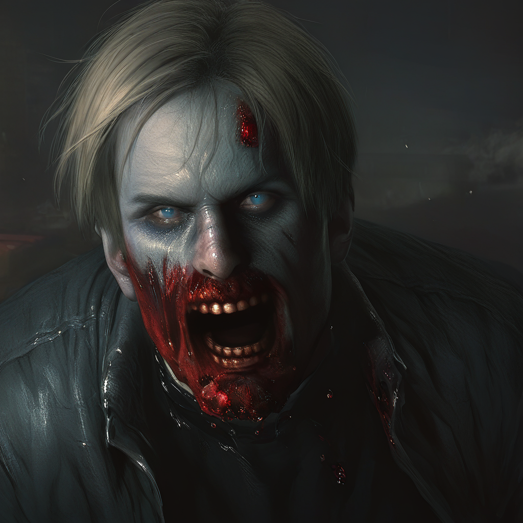 masterpiece,good quality,best quality,newest,absurdres,highres,<lora:re2r_zombie_illustrious_1037223:1>,realistic,1boy,solo,leon s. kennedy,zombie,face,teeth,