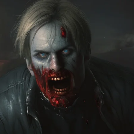 masterpiece,good quality,best quality,newest,absurdres,highres,<lora:re2r_zombie_illustrious_1037223:1>,realistic,1boy,solo,leon s. kennedy,zombie,face,teeth,