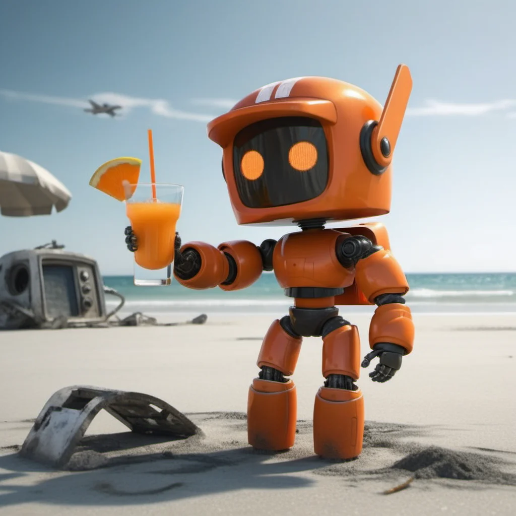 an orange robot, having a cocktail on a beach, post apocalyptic, crashed airplaine background, highly detailed, photography, ultra sharp, film, professional, 64k <lora:add-detail-xl:1.5> <lora:Orange Robot1024:0.6>