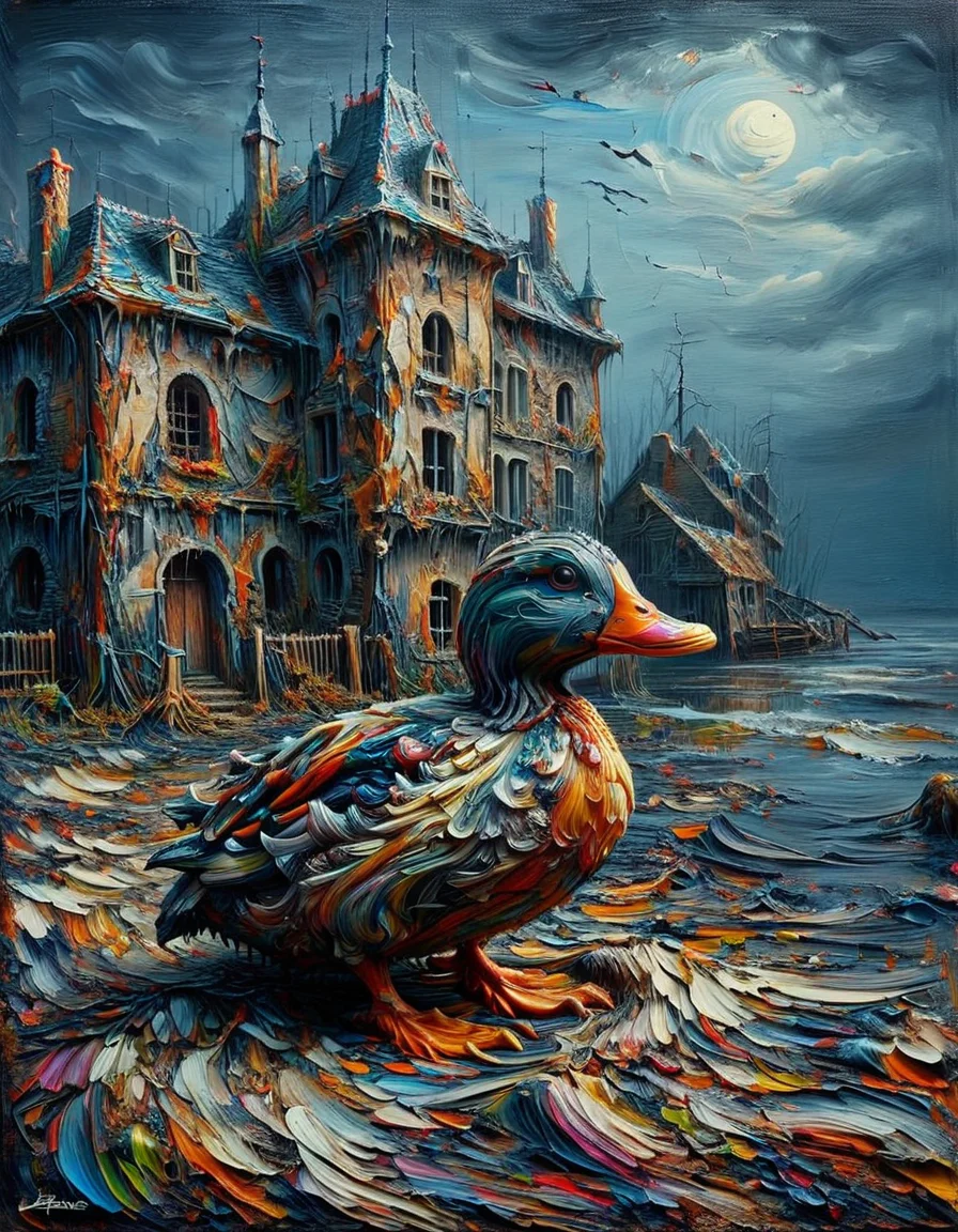An ais-acrylicz painting of haunted duck, shore of France in XVIII century