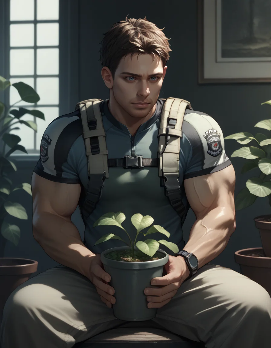 score_9, score_8_up, score_7_up, score_6_up, score_5_up, score_4_up, source_anime, realistic, photoshop \(medium\), <lora:RE5_ChrisSolo_t1-000005-128:1.0> 1boy, Chris Redfield, muscular,
, decrepit mansion, sitting, eating leafy greens, potted plant, moody lighting, dark environment