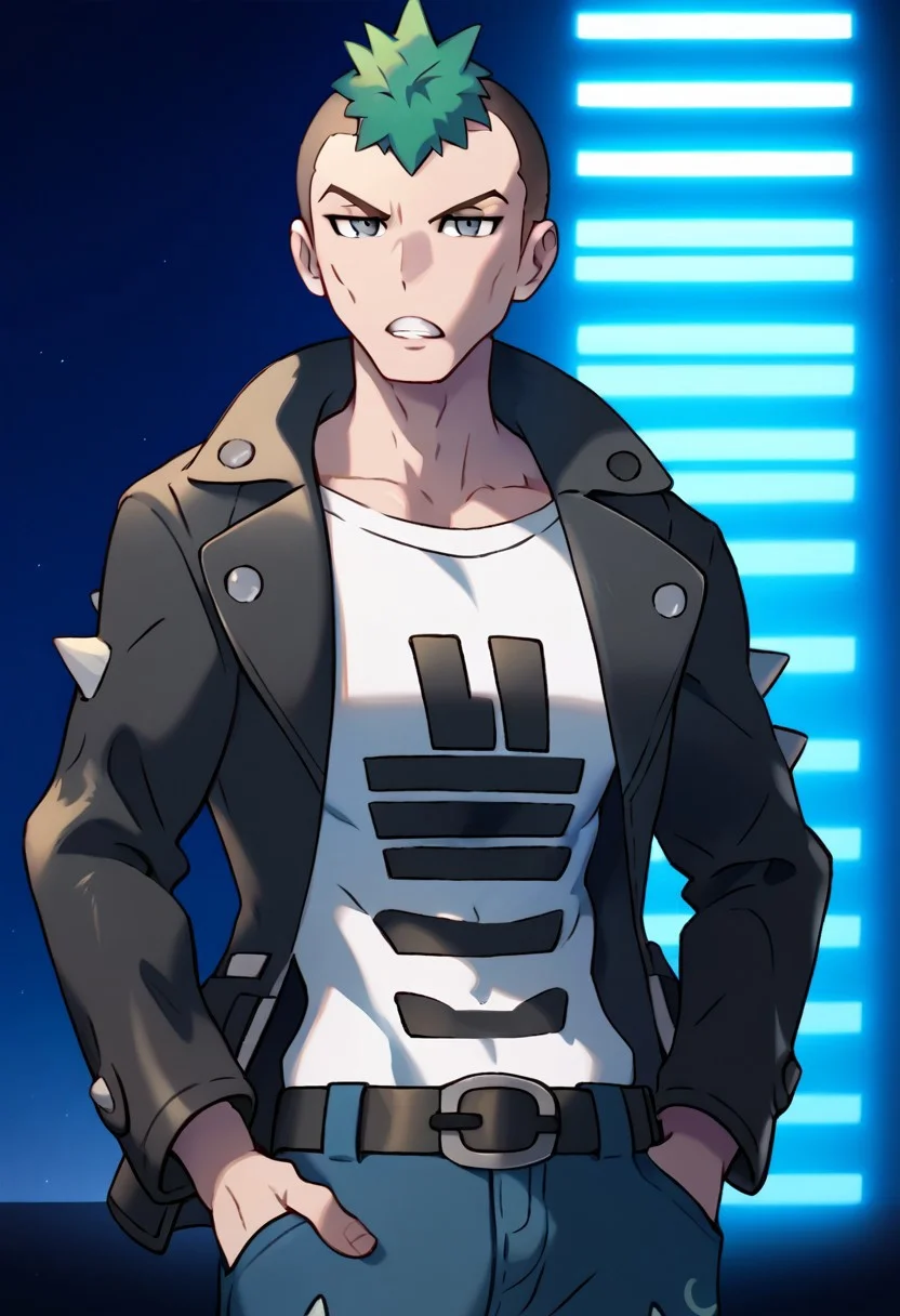 txt2img
score_9, score_8_up, score_7_up, source_anime, highly detailed, big pecs, male focus, 1boy, sideburns, low-key lighting, standing, muscular arms, teeth, night city background, Expressiveh, looking at viewer, one hand in pocket, abs
POKEMON_PunkGuy, two colored hair, brown hair, green hair, grey eyes, cheekbone, teeth, annoyed, thin eyebrows, collarbone, round half closed eyes Black leather jacket with metal accents, white shirt with grey accents, metal spikes, denim pants with grey accents, black belt, black boots, open jacket, pokemon