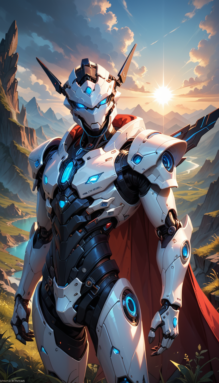 score_9, score_8_up, score_7_up, Portrait, mecha (white robot), black glass full helmet, not visible face, red cape, blue glowing eyes, science fiction, glowing, white|blue metal color, intense sunlight, outdoors, landscape, cinematic lighting, amazing quality, wallpaper, 4n1v3rs3, depth of field, dynamic angle, sharp, hyperdetailed:1.15