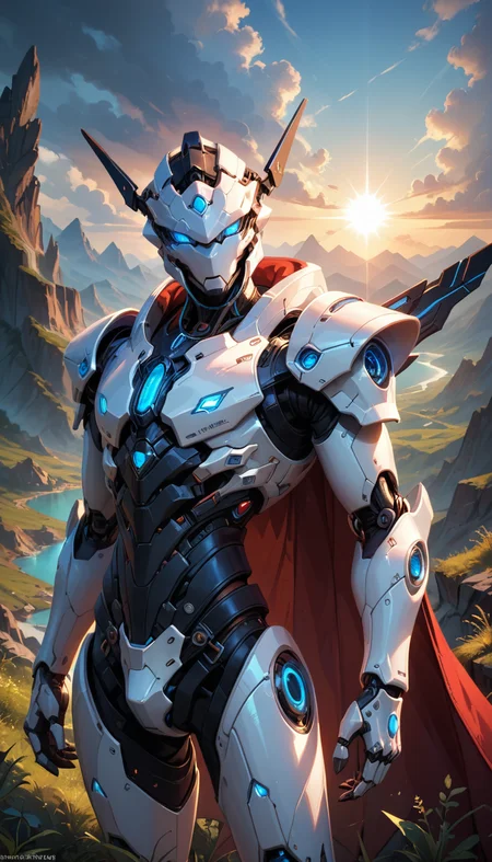 score_9, score_8_up, score_7_up, Portrait, mecha (white robot), black glass full helmet, not visible face, red cape, blue glowing eyes, science fiction, glowing, white|blue metal color, intense sunlight, outdoors, landscape, cinematic lighting, amazing quality, wallpaper, 4n1v3rs3, depth of field, dynamic angle, sharp, hyperdetailed:1.15
