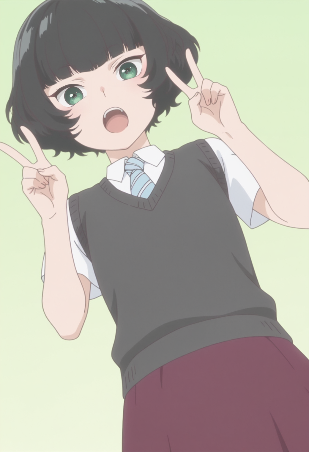 anime screencap, anime coloring,   <lora:DX888Hitoha:1> hongou hitoha, green eyes, black hair,short hair, blunt bangs, BREAK school uniform, white shirt, striped necktie, sweater vest, skirt, socks,  BREAK simple background,  green background, BREAK  1girl, cowboy shot, double v, hands up, happy, looking at viewer,  open mouth, solo, teeth, upper teeth only, v,  upper body, from from below, dutch angle,