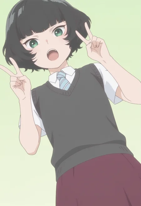 anime screencap, anime coloring, <lora:DX888Hitoha:1> hongou hitoha, green eyes, black hair,short hair, blunt bangs, BREAK school uniform, white shirt, striped necktie, sweater vest, skirt, socks, BREAK simple background, green background, BREAK 1girl, cowboy shot, double v, hands up, happy, looking at viewer, open mouth, solo, teeth, upper teeth only, v, upper body, from from below, dutch angle,