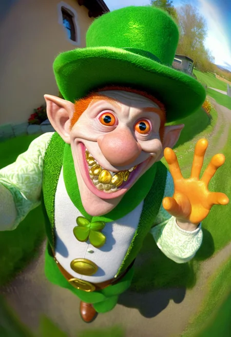 door spy fisheye extreme closeup of crazy scary weird leprechaun with big eyes and big teeth smile, holding up one hand with five fingers, warm vibrant day glow, crock of gold, lush Irish landscape, traditional green attire, hat, buckled shoes, mischievous, playful, elusive, Celtic folklore, glistening, soft focus, intricate, fantastical, magical, round oval vignette