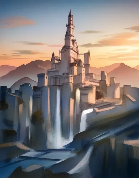 castle, bridge, mountains, waterfall, sunset, scenery, no-humans, masterpiece, best quality, newest, absurdres, highres