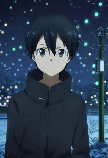 high resolution, solo, best quality, 1Boy, Kazuto Kirigaya, Black Hair, Black Eyes, winter, Northern Lights, Stargazing, OverallDetail