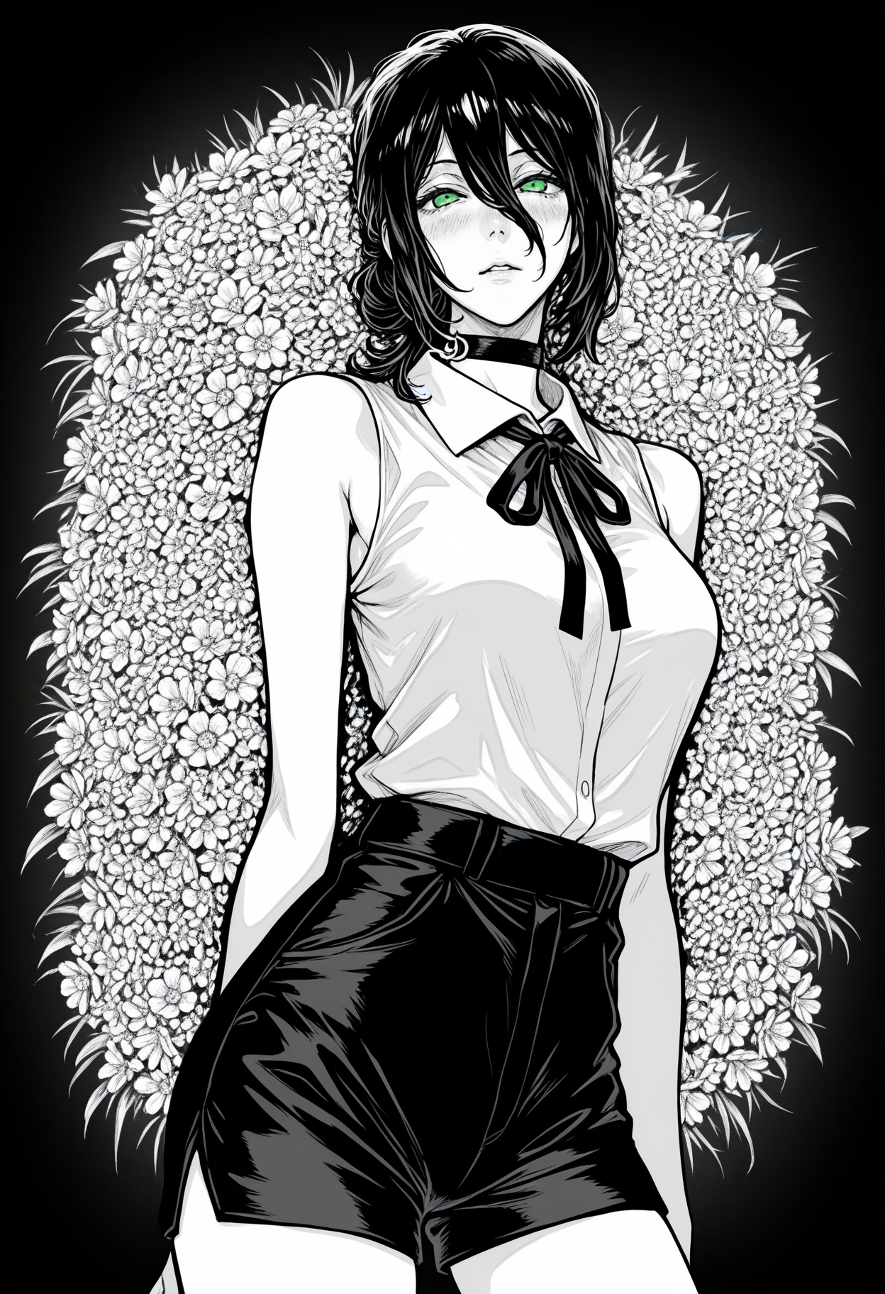 ((monochrome, greyscale, reze \(chainsaw man\), )), 1girl, solo, looking at viewer, blush, shirt, black hair, ribbon, hair between eyes, bare shoulders, medium breasts, green eyes, flower, parted lips, shorts, sleeveless, collared shirt, choker, medium hair, hair bun, sleeveless shirt, gradient background, neck ribbon, black ribbon, black choker, single hair bun, black background, spot color, shirt tucked in, masterpiece, best quality, ultra-detailed, highest quality, official art, latest, very awa, very aesthetic, detailed shading, (detailed background, complex background), amazing quality, intricate, hyper-detailed, excellent, absurdres, latest,
