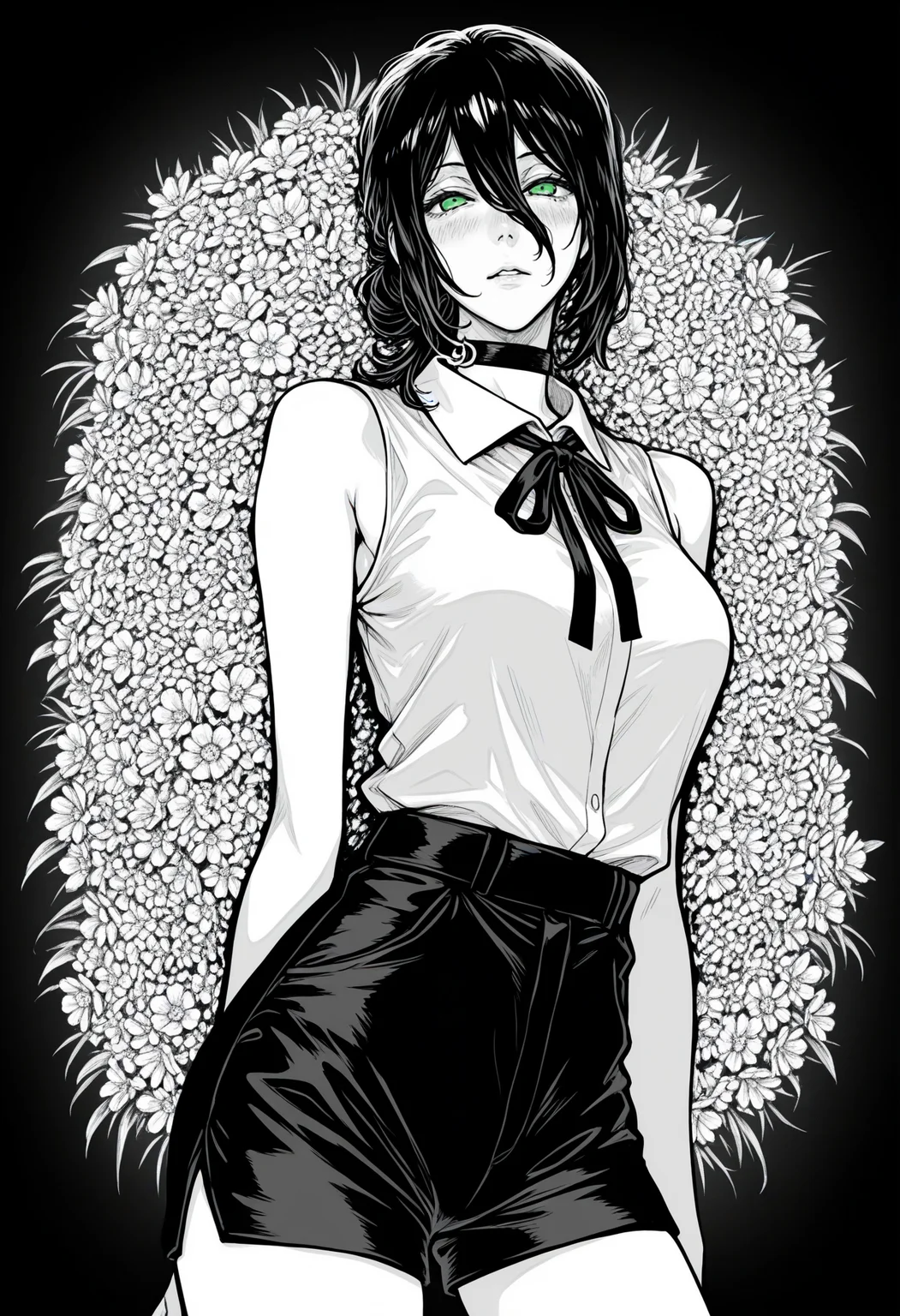 ((monochrome, greyscale, reze \(chainsaw man\), )), 1girl, solo, looking at viewer, blush, shirt, black hair, ribbon, hair between eyes, bare shoulders, medium breasts, green eyes, flower, parted lips, shorts, sleeveless, collared shirt, choker, medium hair, hair bun, sleeveless shirt, gradient background, neck ribbon, black ribbon, black choker, single hair bun, black background, spot color, shirt tucked in, masterpiece, best quality, ultra-detailed, highest quality, official art, latest, very awa, very aesthetic, detailed shading, (detailed background, complex background), amazing quality, intricate, hyper-detailed, excellent, absurdres, latest,
