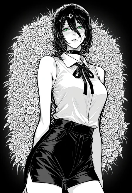((monochrome, greyscale, reze \(chainsaw man\), )), 1girl, solo, looking at viewer, blush, shirt, black hair, ribbon, hair between eyes, bare shoulders, medium breasts, green eyes, flower, parted lips, shorts, sleeveless, collared shirt, choker, medium hair, hair bun, sleeveless shirt, gradient background, neck ribbon, black ribbon, black choker, single hair bun, black background, spot color, shirt tucked in, masterpiece, best quality, ultra-detailed, highest quality, official art, latest, very awa, very aesthetic, detailed shading, (detailed background, complex background), amazing quality, intricate, hyper-detailed, excellent, absurdres, latest,