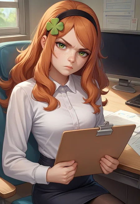 score_9, score_8_up, score_7_up, source_anime, 1girl, vivianjames, freckles, unamused, looking at viewer, holding clipboard, four-leaf clover hair ornament, hairband, white shirt, collared shirt, long sleeves, pencil skirt, black pantyhose, indoors, office <lora:4chan_vivianjames_ponyXL:1>