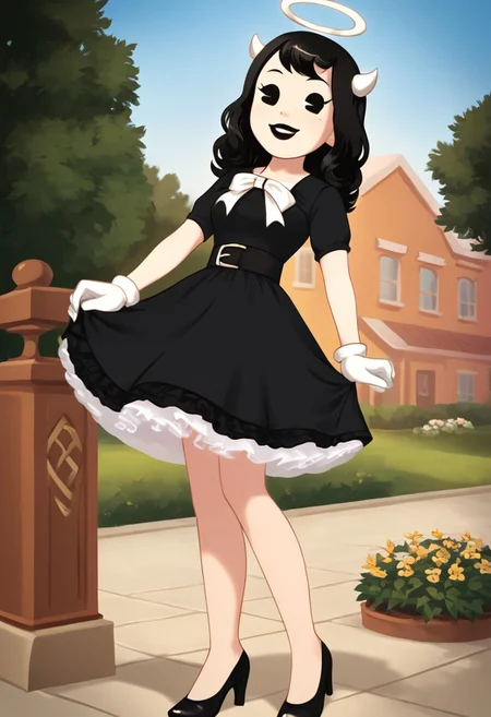 (Masterpiece, best quality:1.2), score_9, score_8_up, flat color, flat shading, soft shading, lighting, Alice Angel in a 1950's dress, a fluffy frilly ruffled full petticoat, and high heels, dress, layered petticoat, frilly petticoat, fluffy petticoat, full petticoat, wide dress, flowing dress, solid colored skirt, short sleeves, black hair, Bendy and The Ink Machine, series accurate, cute, best high quality, high res, black lips, white colored skin, whole body shot, 1girl, solo, outside, standing straight, in a garden, cute, adorable, smile, skirt tug, ground level angle, low upward angle, cartoon, cartoon style, vector, solo, circle dress, 1950s, alice angel