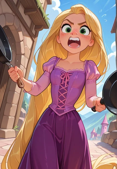 masterpiece, best quality, amazing quality, very aesthetic, absurdres, newest, detailed background, cowboy shot, outdoors, dynamic angle, perfect eyes, beautiful eyes,
rapunzelxd, 1girl, long hair, blonde hair, solo, dress, frying pan, purple dress, very long hair, open mouth, freckles, teeth, holding, green eyes,pink dress, angry,
<lora:Rapunzel_-_Disney_Illustrious:1>