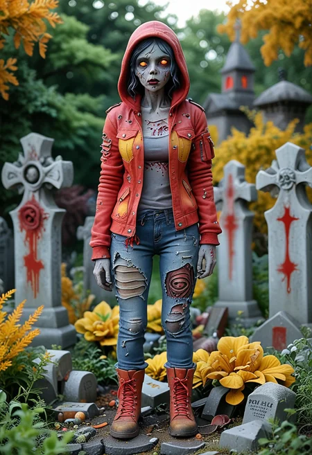(medium full shot) of (ghastly zombie) feminine, curvy body, glowing yellow eyes, wearing blood red torn jacket, worn-out trousers, broken boots, gory scars, worn-out hood, set in a decrepit graveyard, with overgrown weeds, dilapidated mausoleums, and an ominous silence, Masterpiece,best quality, very aesthetic,