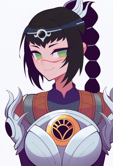 best quality, amazing quality, very aesthetic, absurdres,
BREAK
1girl, solo, shadowheart, black hair, braided ponytail, green eyes, scar on face, circlet, armor, large breasts,
smile, looking at viewer, upper body, simple background, white background, <lora:ShadowHeartIllustrious_byKonan:1>, <lora:FlipherrNoobLocon_byKonan:1>
