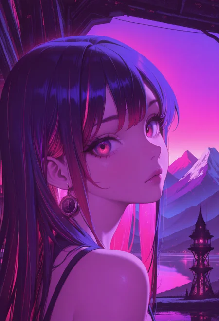 <lora:ck-Sommo-Concept-Art-IL-000012:1>, masterpiece, best quality, good quality, very aesthetic, absurdres, newest, 8K, depth of field, focused subject, portrait, wabi sabi 1girl, looking at viewer, sexy, neon colored hair, inside, watch tower, mountain, lake in the background, vibrant color palette, dynamic angle,
in the style of ckjs
<lora:MoriiMee_Gothic_Niji_Style_Illustrious_r1:0.5>
