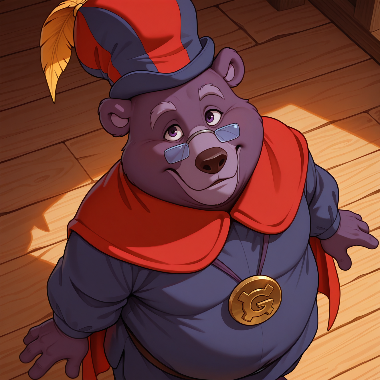 high quality, absurd res, best quality, mature, wrinkles, zummigummixl, anthro, solo, purple bear, glasses, (pince-nez:1.1), blue tunic, (gold medallion with g:0.8), red cape, hat with feather, ultra realistic, photorealism, looking at viewer, from above, standing, smile, chubby, 4 fingers