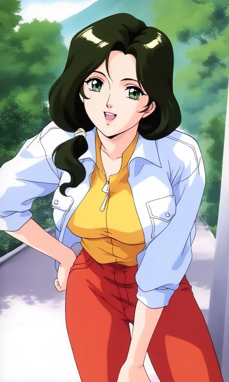 general,highres, ultra-detailed,very aesthetic,best quality ,best hands, BREAK <lora:Sakurai_Sensei_Injuu_Seisen_Ver2.0_IS:1>
Sakurai_Sensei, 1girl,solo, dark green hair, long hair, green eyes, large breasts, low ponytail, lips,smile,looking at viewer, cowboy_Shot, open mouth, closed jacket, button,
Yellow shirt, white jacket, red pants, long pants,
hands on own hip,
outdoor, day,