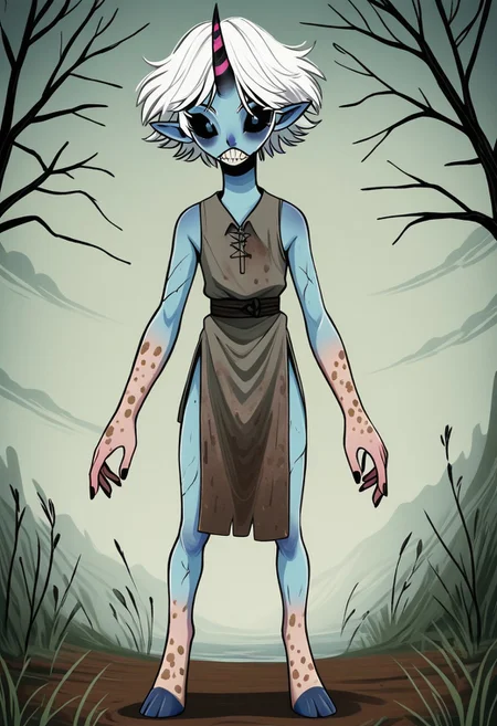 ((Alien humanoid)), solo, androgynous, aquatic features
blue skin, ((webbed skin between fingers)),
((nostrils only, nostril slits, vertical nasal slits, narrow nostrils)):1.6, ((narrow eyes)), ((black sclera, black irises)), smooth skin, pointy ears, small ears, tiny ears, holes in skin, forehead horn, short horn, veiny horn, ((single horn)):1.0, ((4 fingers)), fingernails, thin lips, ((white hair)), ((short hair, spiky hair)), sharp teeth, ((digitigrade legs)), bent legs,
full body shot
ragged clothes, muddy clothes, loincloth, tunic, dirty
Medieval style, fantasy style,
style: f33f4l,
((Variety)):1.2
((dutch angle))
river background
fully clothed, loose clothing, clean lines, smooth colors, detailed fingers, sfw, source: semi-realistic, rating: pg, score: 8 up, score: 9
