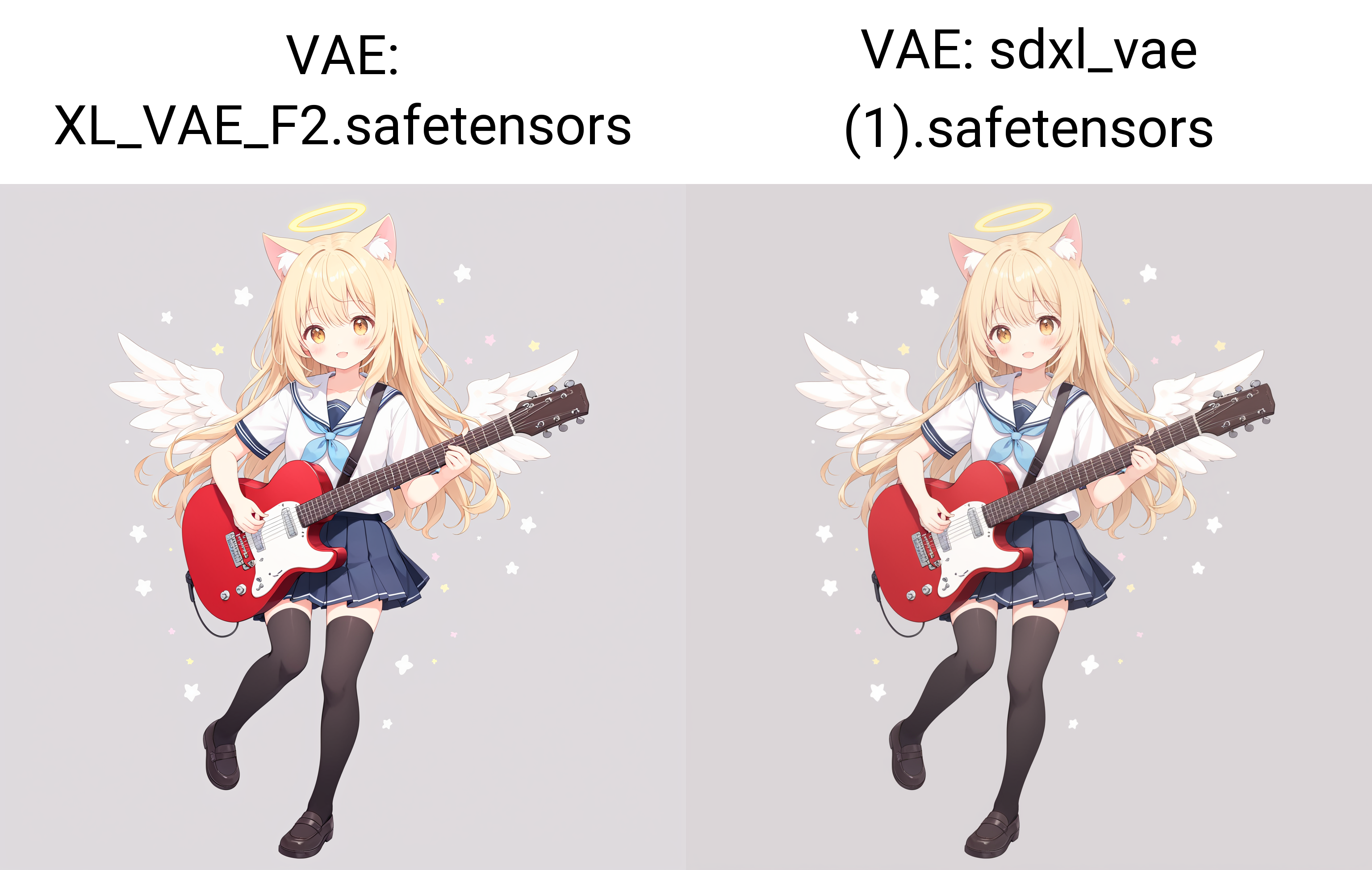 white background,semilong wavy blonde hair,angel wing,Angel Halo,full body,(school uniform:1.2),black thighhighs,cute,cat ears, white background,play the guitar,