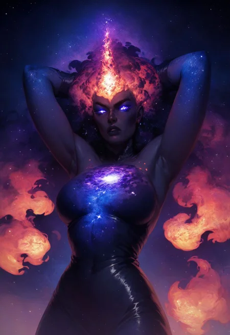 score_9, score_8_up, score_7_up, score_6_up, 1girl, solo, cosmic fire, human face, koling, cosmic, half open eyes, glowing eyes, magic eyes, glowing cheast, cosmic body, very cosmic hair, arms behind head,OverallDetail