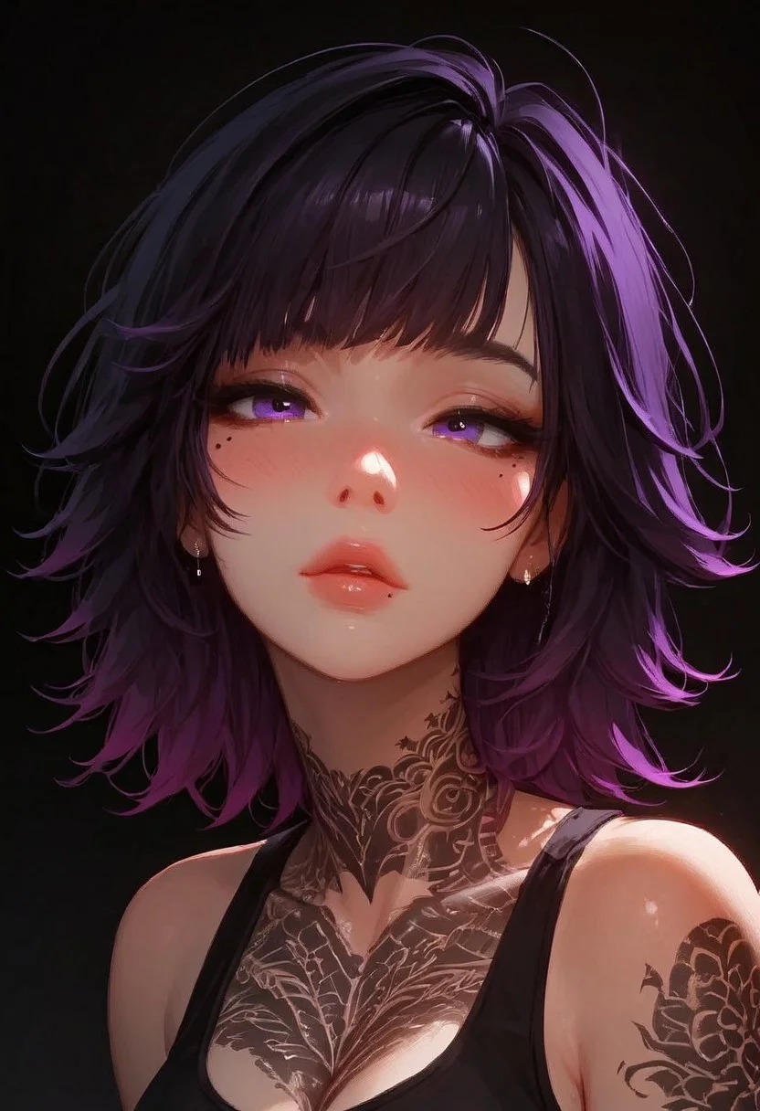 (score_9, score_8_up, score_7_up), <lora:wolf_cut:1.5>, a close-up shot focusing on a girl collarbone and up, (((portrait shot, face focus))), solo, 1girl, wolfCut, (bangs), (two-toned hair), black and purple hair, small perky breasts, cleavage, pretty face, blush, purple eyes, ((mole under left eye)), (modern tattoos),((tattoo on chest)),pale skin, makeup, sports bra, vivid colours, Expressiveh, (white background)