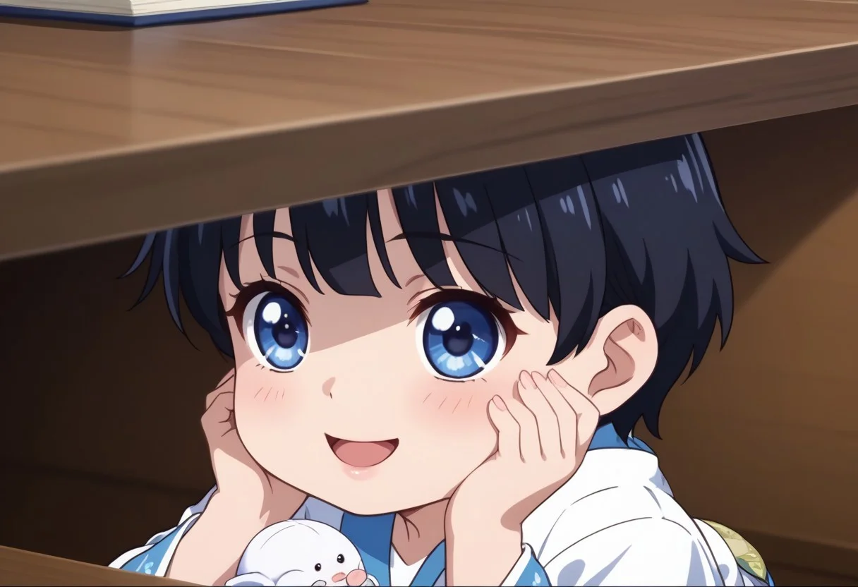 (ultra-detailed, ultra detailed), (master piece, best quality, high resolution), zPDXL, (score 9), (score 8 up), (score 7 up), (score 6 up:0.5), (high quality face), ultra quality face, (super detailed beautiful face), detailed face, beautiful eyes, detailed eyes, extremely detailed, source_anime, anime screencap, Anime Screencap, animation, (2D), score_9, 1girl, source_anime, 2d, (flat color), <lora:flat:0.4> blue eyes and short black hair chibi, happy baby, kimono,white handful, baby, crawling under table, himecut, fat chubby chibi, under table, side view,