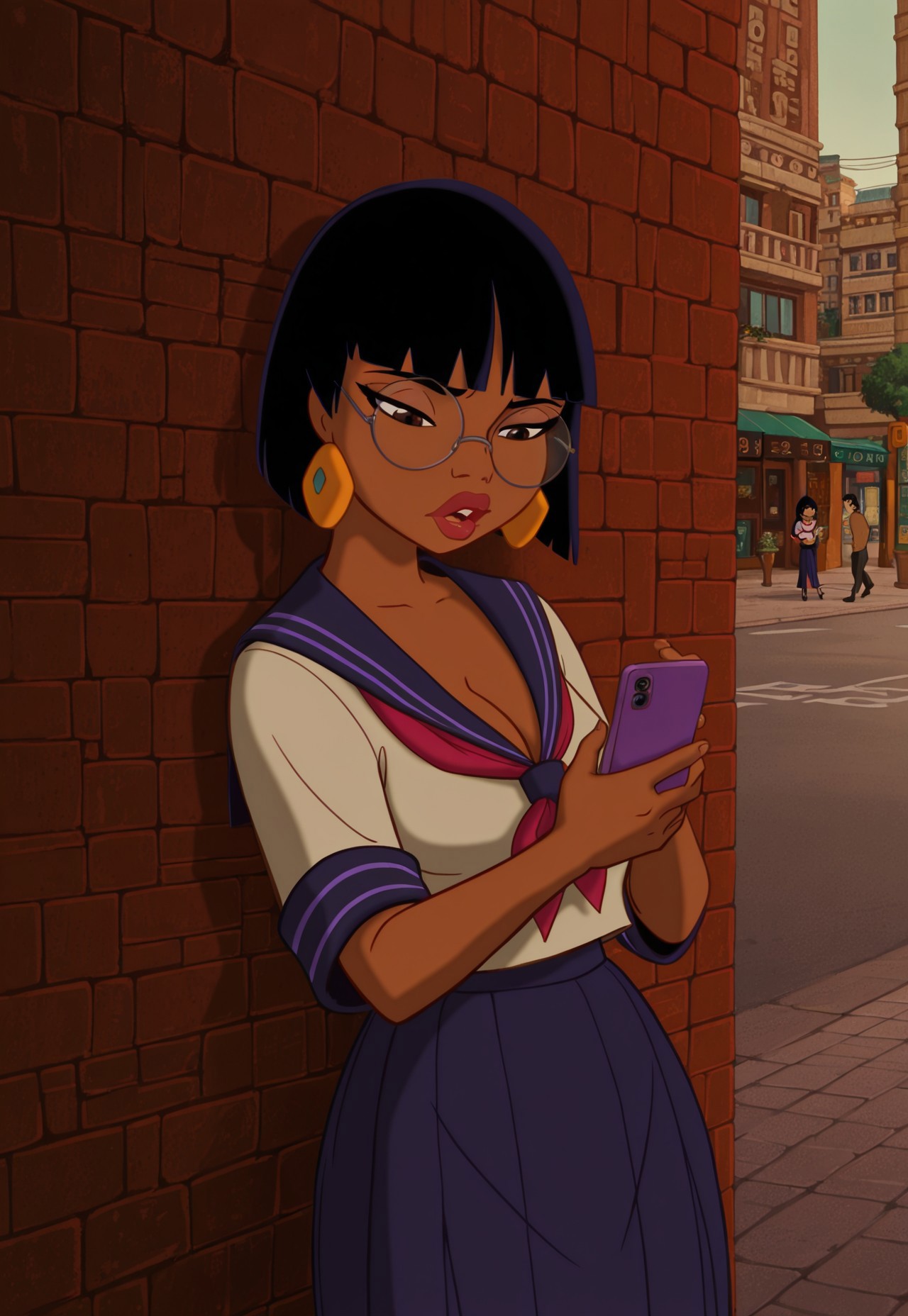 safe_pos, chel, 1girl, black hair, dark skin, earrings, dark-skinned female,street, city,serafuku,cleavage  bangs, breasts, bored,lips,school uniform,bob cut,  looking down at phone, texting,phone,holding cowboy shot,round eyewear, disposable cup,straw against wall,