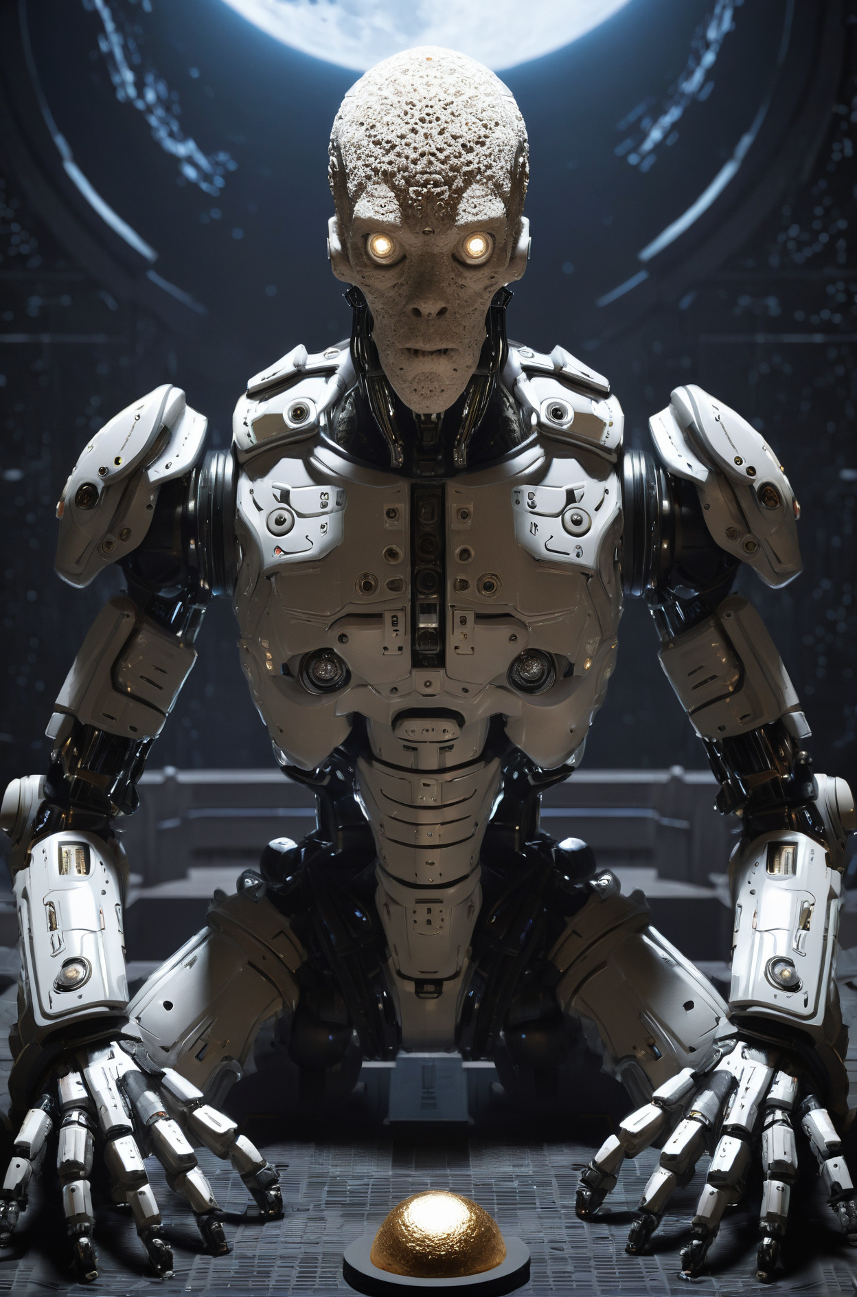 porous texture,lunar colony terrace,centered subject,very very highly detailed,Cyborg figure,advanced robotics,Lovecraftian horror,visual storytelling,suave
