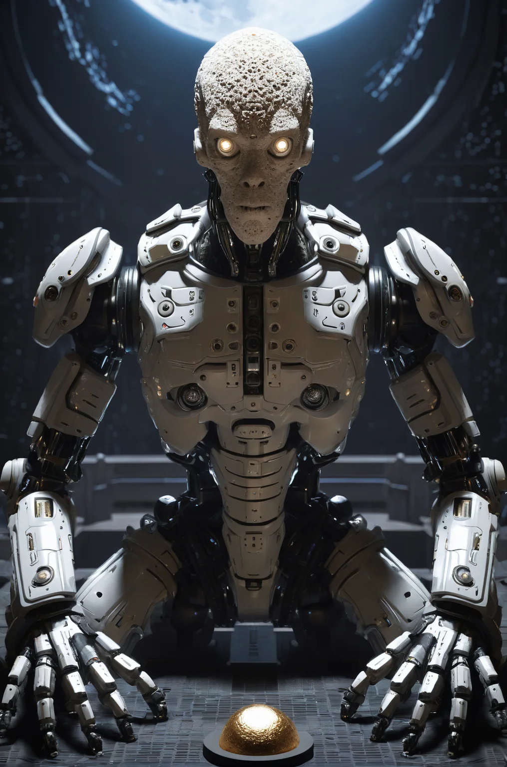 porous texture,lunar colony terrace,centered subject,very very highly detailed,Cyborg figure,advanced robotics,Lovecraftian horror,visual storytelling,suave