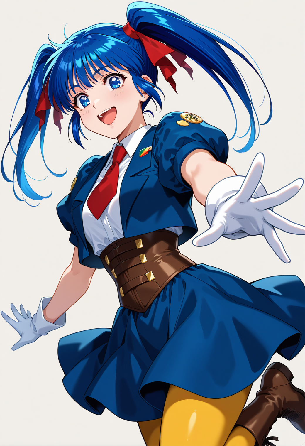 masterpiece, best quality, very aesthetic, absurdres, 1girl, solo,
<lora:mio_sasuga_v01:0.9>, mio_sasuga, blue hair, long hair, twintails, blue eyes,
hair ribbon, uniform, short sleeves, juliet sleeves, red necktie, corset, white gloves, skirt, yellow pantyhose, brown boots, smile, open mouth, posing