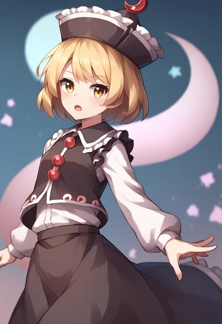score_9,score_8_up,score_7_up,<lora:Touhou_pony:1>,1girl,lunasa_prismriver,touhou,hat,long_sleeves,black_hat,black_skirt,crescent,skirt_set,white_shirt,bow_\(music\),black_vest,