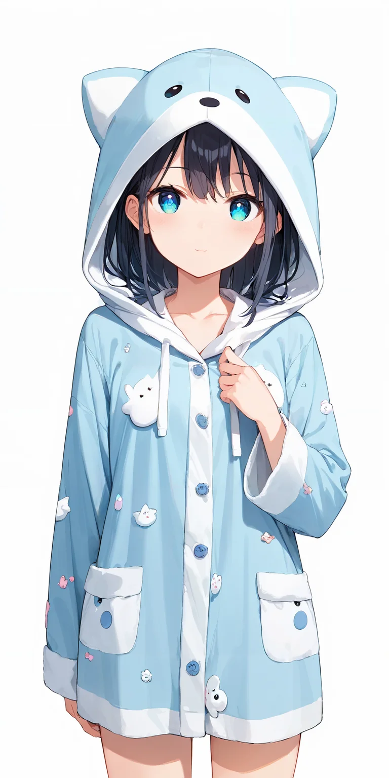 score_9, score_8_up, score_7_up,source_anime, high res image,masterpiece,best quality,girl,cute face,clear skin,shiny hair,ultra detailed eyes,simple background, <lora:pajamas_pony_V2.0:1> jyojifuku, pajamas,hood