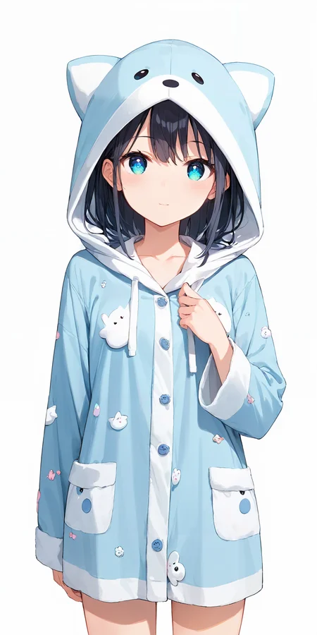 score_9, score_8_up, score_7_up,source_anime, high res image,masterpiece,best quality,girl,cute face,clear skin,shiny hair,ultra detailed eyes,simple background, <lora:pajamas_pony_V2.0:1> jyojifuku, pajamas,hood