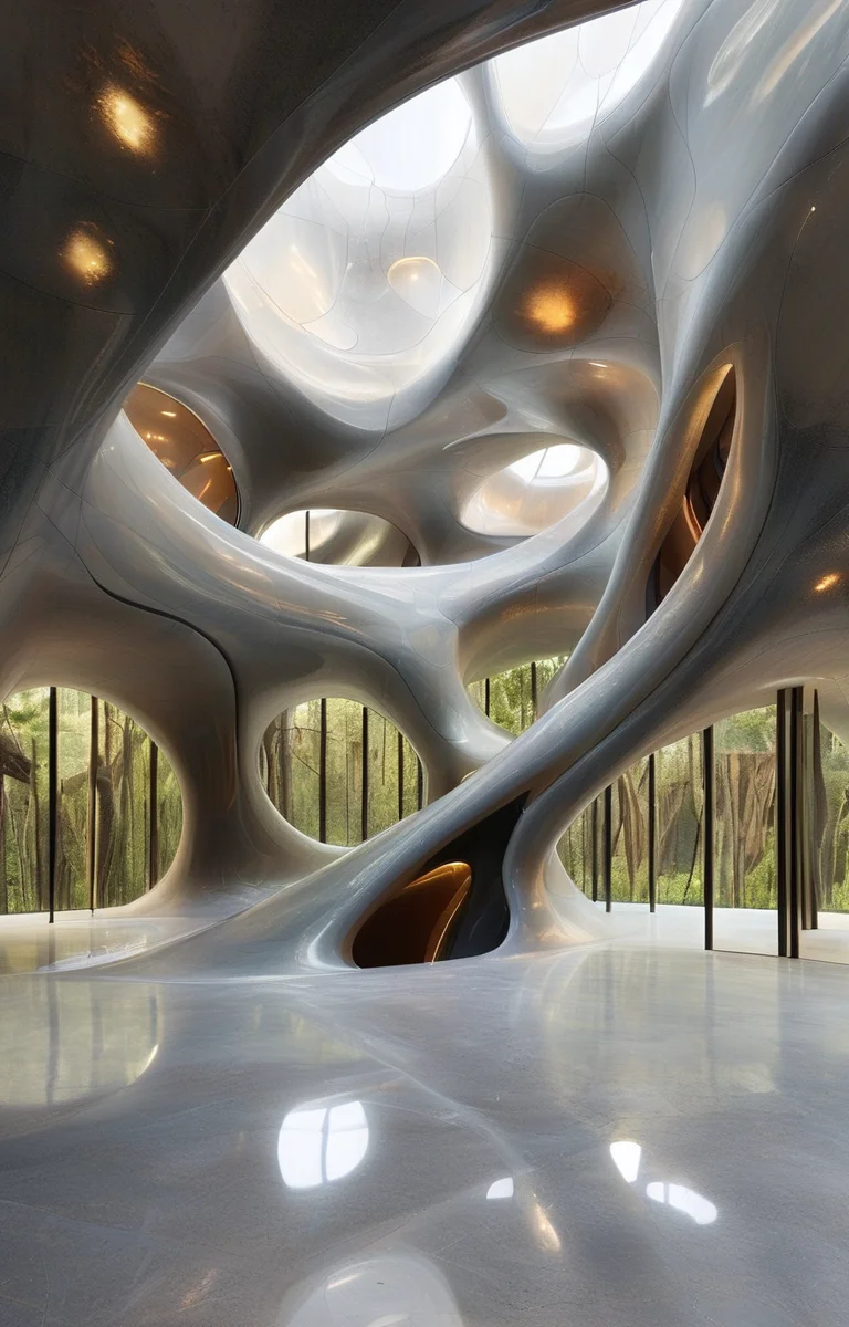 masterpiece,best quality,<lora:tbh307-sdxl:0.9>,illustration,design by Zaha Hadid Whimsical treehouse complex in a lush forest, channeling the spirit of Antoni Gaudí