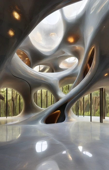 masterpiece,best quality,<lora:tbh307-sdxl:0.9>,illustration,design by Zaha Hadid Whimsical treehouse complex in a lush forest, channeling the spirit of Antoni Gaudí