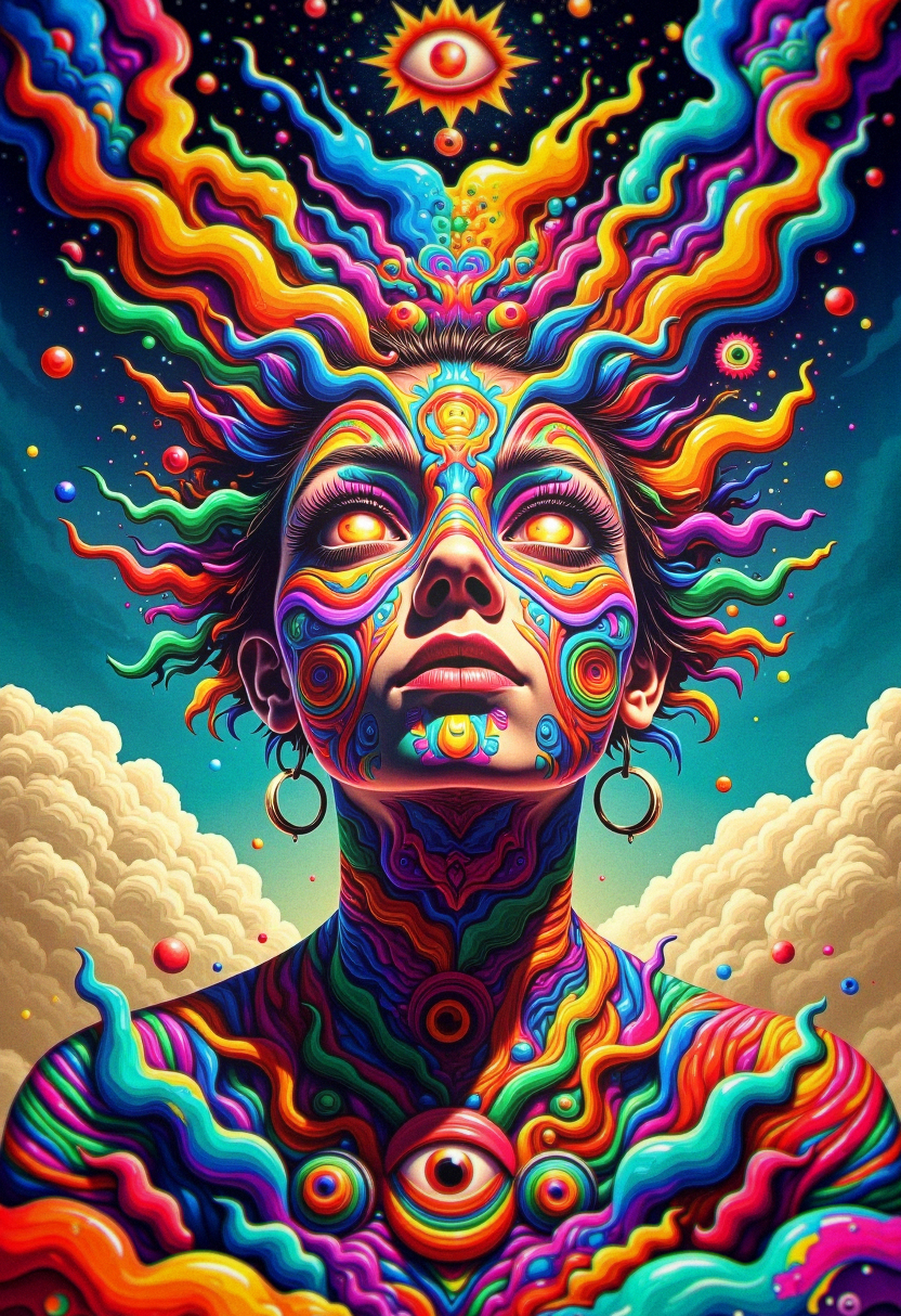 Woman with multiple eyes, fractal clouds, surreal sky, floating hair, geometric tattoos, rainbow skin, (bo-psychedelic:1.5), (psychedelic surrealism:1.6), (extra eyes:1.6), (melting body:1.3), (dream-like:1.5), trippy, visionary art., Cinestill 800T, <lora:Flux\boFLUX Psychedelic Surrealism v1.safetensors:1.0:1.0>
