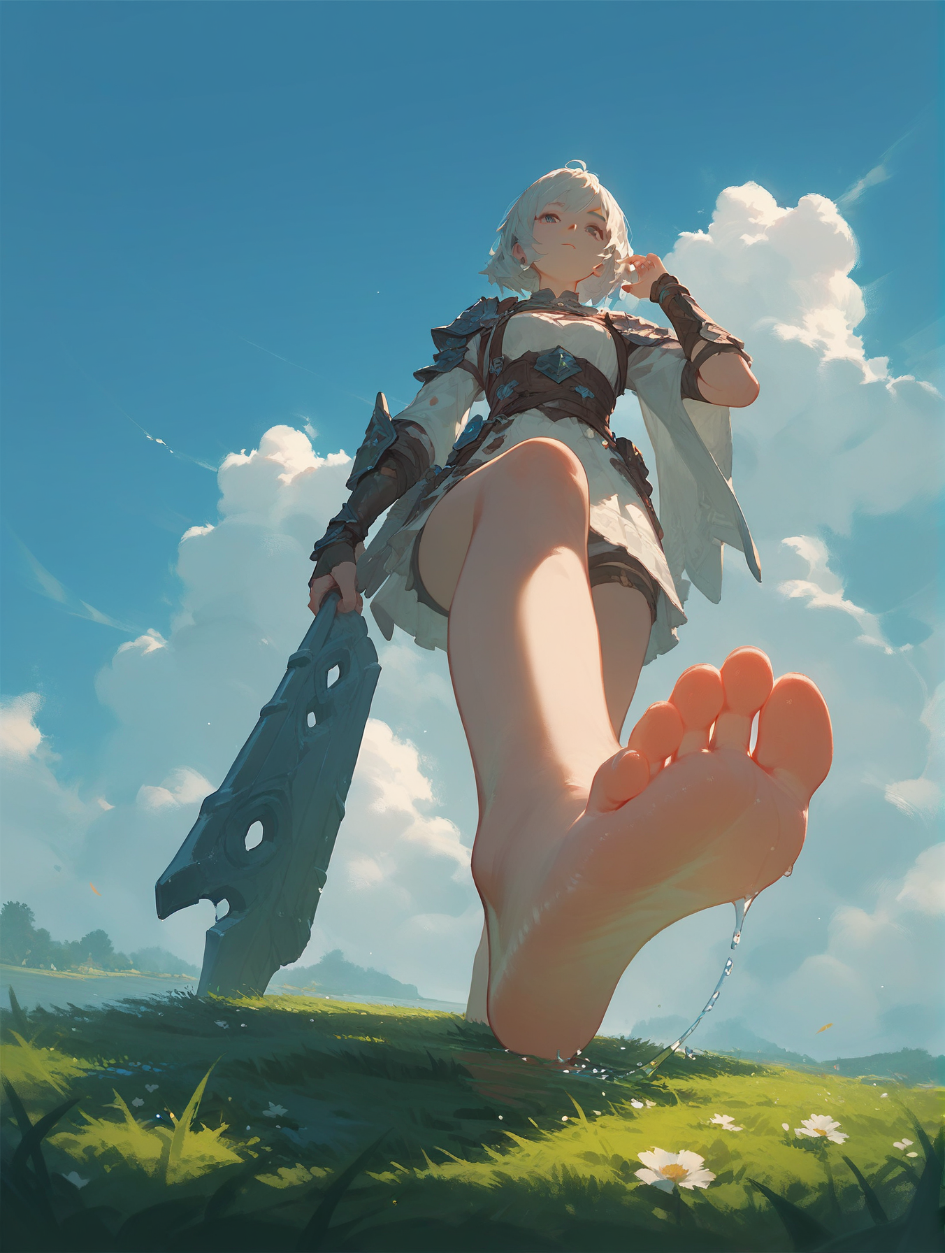 (score_9,score_8_up,score_7_up),1girl,solo,bare foot,feet focus,two feet,sky,grass,water,cloud,fantasy,from below,foot focus,